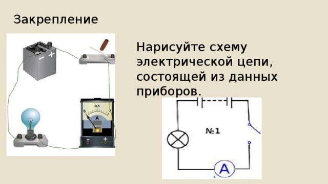 Закрепление Нарисуйте схему электрической цепи, состоящей из данных приборов. 