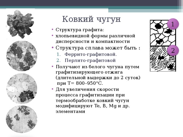 Ковкий чугун 1 Структура графита: хлопьевидной формы различной дисперсности и компактности Структура сплава может быть : Феррито-графитовой. Перлито-графитовой Феррито-графитовой. Перлито-графитовой Получают из белого чугуна путем графитизирующего отжига (длительной выдержки до 2 суток) при Т= 800–950°С. Для увеличения скорости процесса графитизации при термообработке ковкий чугун модифицируют Te, В, Mg и др. элементами 2 