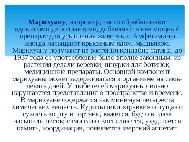   Марихуану , например, часто обрабатывают ядовитыми дефолиантами, добавляют в нее мощный препарат для усыпления животных. Амфетамины иногда насыщают крысиным ядом, мышьяком. Марихуану получают из растения каннабис сатина, до 1937 года ее употребление было вполне законным: из растения делали веревки, шнурки для ботинок, медицинские препараты. Основной компонент марихуаны может задерживаться в организме на семь-девять дней. У любителей марихуаны сильно нарушаются представления о пространстве и времени. В марихуане содержатся как минимум четыреста химических веществ. Курильщики «травки» ощущают сухость во рту и гортани, кажется, будто в глаза насыпали песок; сами глаза воспаляются, ухудшается па­мять, координация, появляется зверский аппетит. 