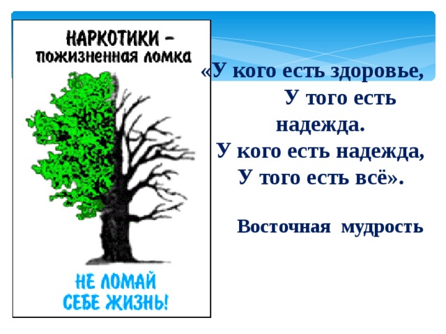 « У кого есть здоровье, У того есть  надежда.   У кого есть надежда, У того есть всё ».   Восточная мудрость   