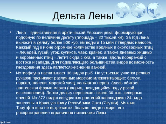 Дельта Лены Лена – единственная в арктической Евразии река, формирующая подобную по величине дельту (площадь – 32 тыс.кв.км). За год Лена выносит в дельту более 500 куб. км воды и 15 млн т твёрдых наносов. Каждый год в июне огромное количество водяных и околоводных птиц – лебедей, гусей, уток, куликов, чаек, крачек, а также дневных хищных и воробьиных птиц – летит сюда с юга, а также вдоль побережий с востока и запада. Для подавляющего большинства видов возможность гнездования здесь является жизненно важной. Ихтиофауна насчитывает 36 видов рыб. На устьевые участки речных рукавов проникают различные морские млекопитающие: белуха, нарвал, тюлени, морской заяц, кольчатая нерпа. Здесь обитает лаптевская форма моржа (подвид, находящийся под угрозой исчезновения). Летом дельту пересекает около 30 тыс. северных оленей. Из 372 видов сосудистых растений заповедника 24 вида занесены в Красную книгу Республики Саха (Якутии). Мятлик Траутфеттера не встречается больше нигде в мире, его распространение ограничено низовьями Лены. 