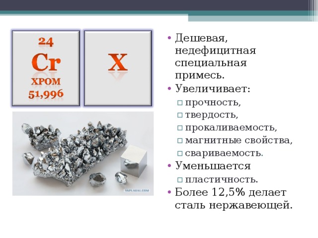 Дешевая, недефицитная специальная примесь. Увеличивает: прочность, твердость, прокаливаемость, магнитные свойства, свариваемость . прочность, твердость, прокаливаемость, магнитные свойства, свариваемость . Уменьшается пластичность. пластичность. Более 12,5% делает сталь нержавеющей. 