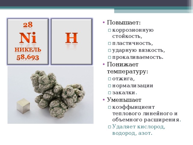 Повышает: коррозионную стойкость, пластичность, ударную вязкость, прокаливаемость. коррозионную стойкость, пластичность, ударную вязкость, прокаливаемость. Понижает температуру: отжига, нормализации закалки . отжига, нормализации закалки . Уменьшает коэффыициент теплового линейного и объемного расширения . Удаляет кислород, водород, азот. коэффыициент теплового линейного и объемного расширения . Удаляет кислород, водород, азот. 
