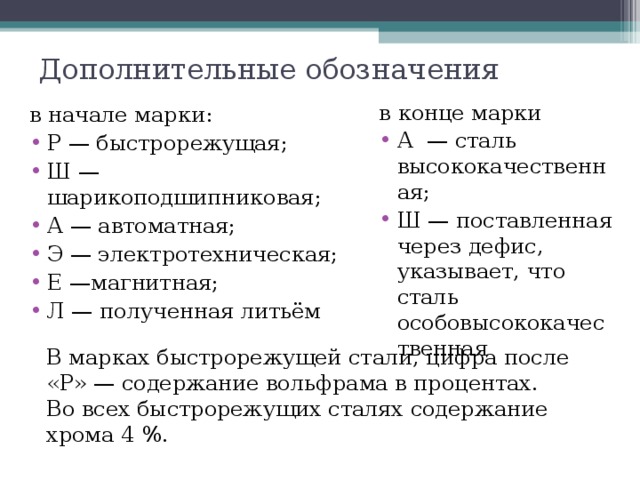 Дополнительные обозначения в конце марки А — сталь высококачественная; Ш — поставленная через дефис, указывает, что сталь особовысококачественная в начале марки: Р — быстрорежущая; Ш — шарикоподшипниковая; А — автоматная; Э — электротехническая; Е —магнитная; Л — полученная литьём В марках быстрорежущей стали, цифра после «Р» — содержание вольфрама в процентах. Во всех быстрорежущих сталях содержание хрома 4 %. 