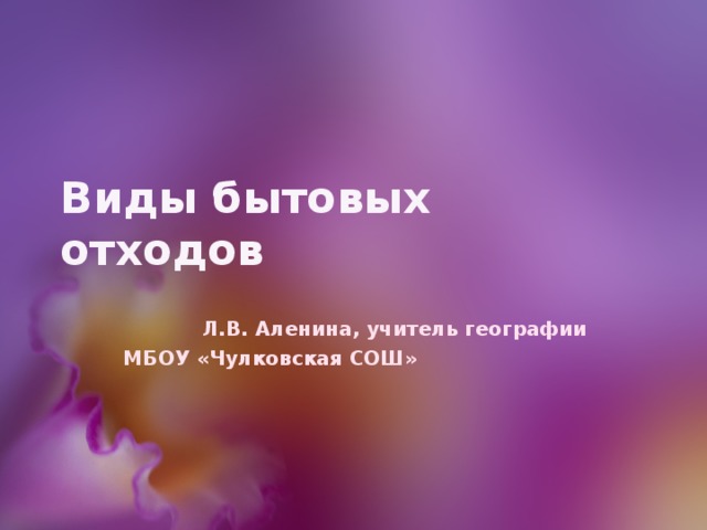 Виды бытовых отходов  Л.В. Аленина, учитель географии МБОУ «Чулковская СОШ»  