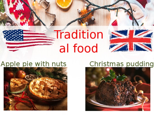 Traditional food Christmas pudding Apple pie with nuts 