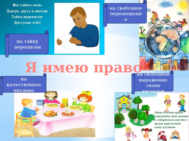 на свободное перемещение на тайну переписки Я имею право на свободное выражение своих взглядов на качественное питание 