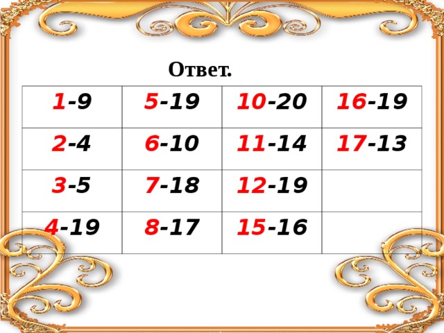 Ответ. 1 -9 5 -19 2 -4 6 -10 10 -20 3 -5 16 -19 11 -14 7 -18 4 -19 17 -13 8 -17 12 -19 15 -16 