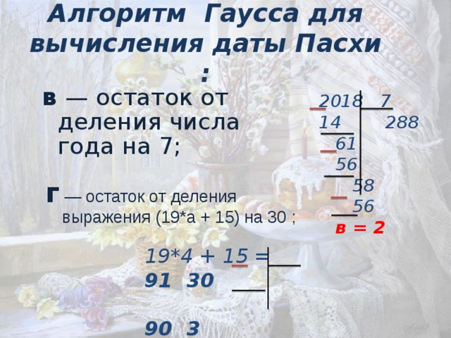 Алгоритм Гаусса для вычисления даты Пасхи : в  — остаток от деления числа года на 7;  7 14 288  61  56  58  56  в = 2 г  — остаток от деления выражения (19*а + 15) на 30 ;   19*4 + 15 = 91 30  90 3  г = 1    