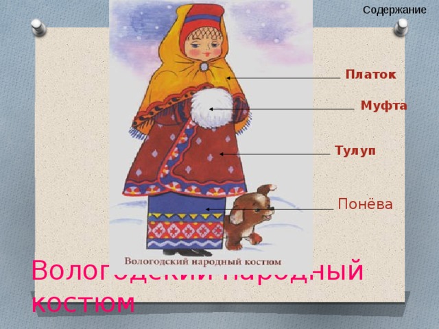 Содержание Платок Муфта Тулуп Понёва Вологодский народный костюм 