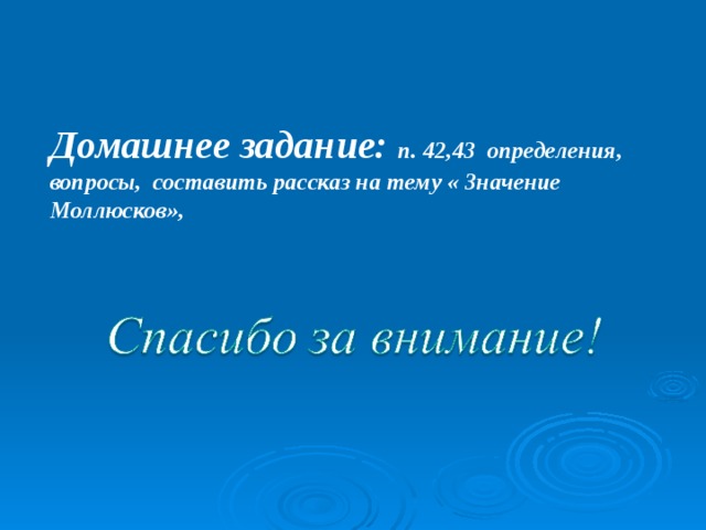 Домашнее задание: п. 42,43 определения, вопросы, составить рассказ на тему « Значение Моллюсков», 