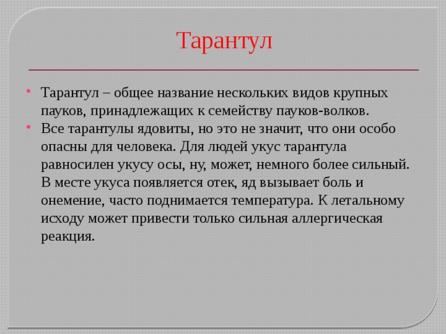 Тарантул Тарантул – общее название нескольких видов крупных  пауков, принадлежащих к семейству пауков-волков.  Все тарантулы ядовиты, но это не значит, что они особо опасны для человека. Для людей укус тарантула равносилен укусу осы, ну, может, немного более сильный. В месте укуса появляется отек, яд вызывает боль и онемение, часто поднимается температура. К летальному исходу может привести только сильная аллергическая реакция. 