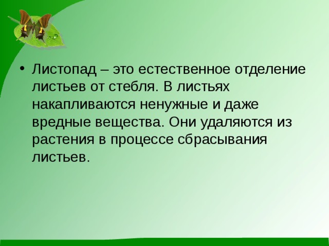 Листопад – это естественное отделение листьев от стебля. В листьях накапливаются ненужные и даже вредные вещества. Они удаляются из растения в процессе сбрасывания листьев. 