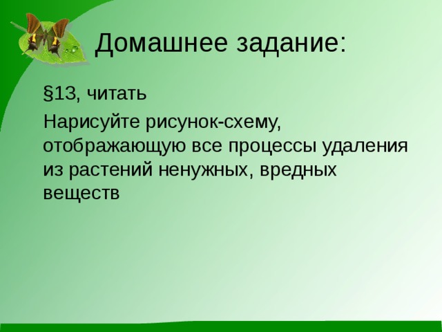 Домашнее задание:  §13, читать  Нарисуйте рисунок-схему, отображающую все процессы удаления из растений ненужных, вредных веществ 