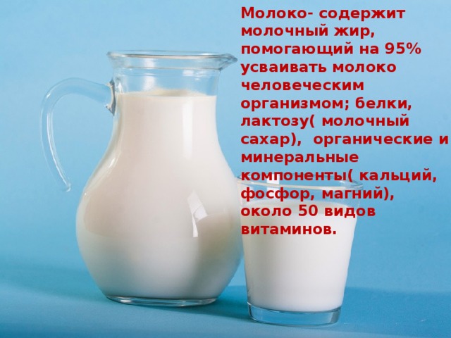 Молоко- содержит молочный жир, помогающий на 95% усваивать молоко человеческим организмом; белки, лактозу( молочный сахар), органические и минеральные компоненты( кальций, фосфор, магний), около 50 видов витаминов. 