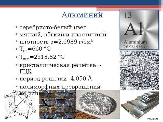Алюминий серебристо-белый цвет мягкий, лёгкий и пластичный плотность  =2,6989 г/см³ Т пл =660 °C Т кип =2518,82 °C кристаллическая решётка - ГЦК  период решетки  –4,050 Å полиморфных превращений не испытывает  
