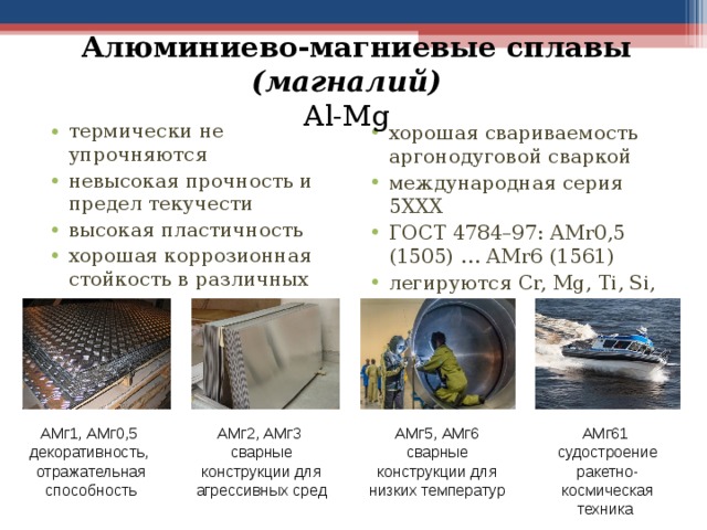   Алюминиево-магниевые сплавы ( магналий)  Al-Mg   хорошая свариваемость аргонодуговой сваркой международная серия 5ХХХ ГОСТ 4784–97: АМ r 0,5 (1505) … АМ r 6 (1561) легируются Cr, Mg, Ti, Si, V  термически не упрочняются невысокая прочность и предел текучести высокая пластичность хорошая коррозионная стойкость в различных средах АМг1, АМг0,5 декоративность, отражательная способность АМг2, АМг3 сварные конструкции для агрессивных сред АМг5, АМг6 сварные конструкции для низких температур АМг61 судостроение ракетно-космическая техника 