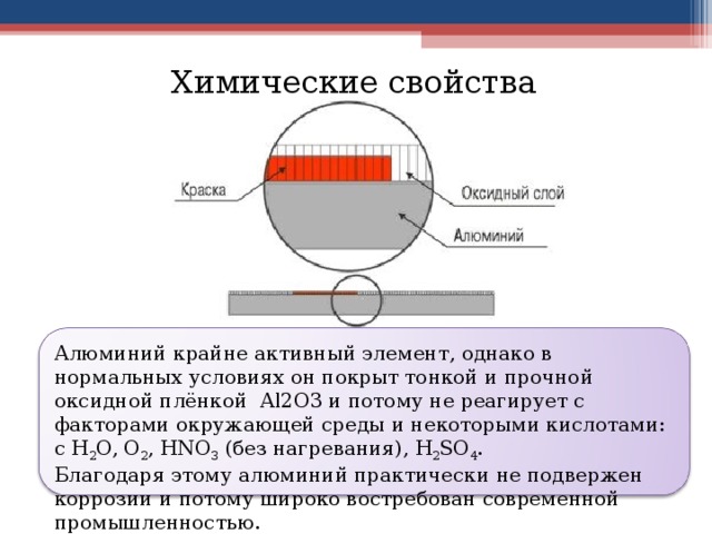 Химические свойства Алюминий крайне активный элемент, однако в нормальных условиях он покрыт тонкой и прочной оксидной плёнкой Al2O3 и потому не реагирует с факторами окружающей среды и некоторыми кислотами: с H 2 O, O 2 , HNO 3 (без нагревания), H 2 SO 4 . Благодаря этому алюминий практически не подвержен коррозии и потому широко востребован современной промышленностью. 