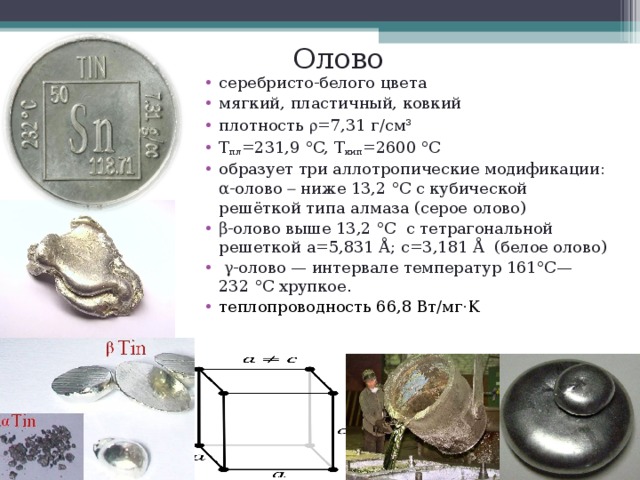 Олово серебристо-белого цвета мягкий, пластичный, ковкий плотность  =7,31 г/см³ Т пл =231,9 °C, Т кип =2600 °C образует три аллотропические модификации: α-олово  ниже 13,2 °C с кубической решёткой типа алмаза (серое олово) β-олово выше 13,2 °C с тетрагональной решеткой а=5,831 Å; с=3,181 Å (белое олово)  γ-олово — интервале температур 161°C—232 °C хрупкое. теплопроводность 66,8 Вт/мг·K 