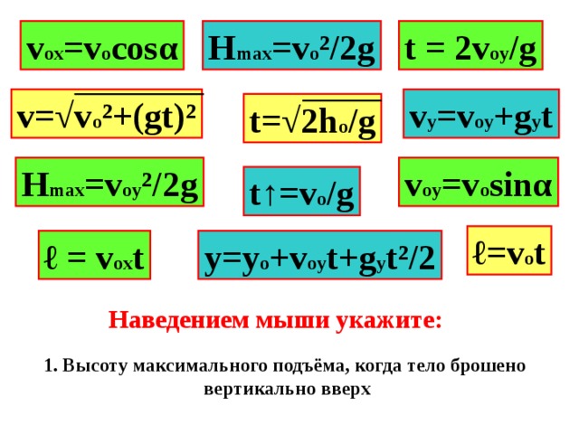 v ox =v o cos α t = 2v oy /g H max =v o ²/2g v y =v oy +g y t v=√v o ²+(gt)² t=√2h o /g v oy =v o sin α H max =v oy ²/2g t↑=v o /g ℓ =v o t ℓ = v ox t y=y o +v oy t+g y t² /2 Наведением мыши укажите: 1. Высоту максимального подъёма, когда тело брошено вертикально вверх 