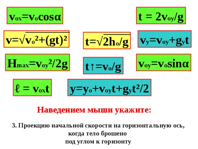 t = 2v oy /g v ox =v o cos α v y =v oy +g y t v=√v o ²+(gt)² t=√2h o /g v oy =v o sin α H max =v oy ²/2g t↑=v o /g ℓ = v ox t y=y o +v oy t+g y t² /2 Наведением мыши укажите: 3. Проекцию начальной скорости на горизонтальную ось, когда тело брошено под углом к горизонту 