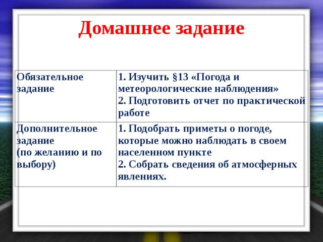 Домашнее задание   Обязательное задание  1. Изучить §13 «Погода и метеорологические наблюдения» 2. Подготовить отчет по практической работе  Дополнительное задание (по желанию и по выбору)  1. Подобрать приметы о погоде, которые можно наблюдать в своем населенном пункте 2. Собрать сведения об атмосферных явлениях. 