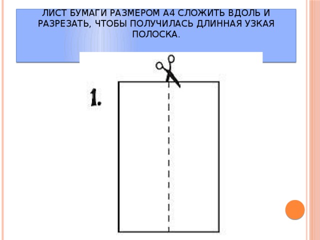  Лист бумаги размером А4 сложить вдоль и разрезать, чтобы получилась длинная узкая полоска.    