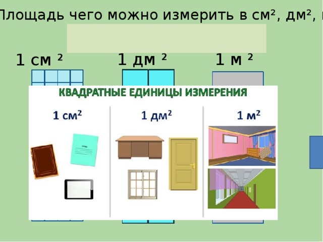 Площадь чего можно измерить в см², дм², м² 1 дм ² 1 м ² 1 см ² 