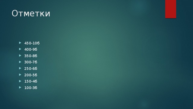 Отметки 450-10б 400-9б 350-8б 300-7б 250-6б 200-5б 150-4б 100-3б 