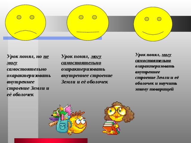 Урок понял, могу самостоятельно охарактеризовать внутреннее строение Земли и её оболочек и научить этому товарищей   Урок понял, но не могу самостоятельно охарактеризовать внутреннее строение Земли и её оболочек Урок понял, могу самостоятельно охарактеризовать внутреннее строение Земли и её оболочек 