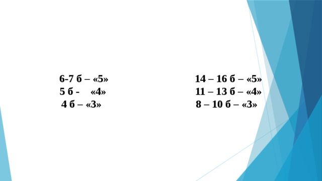 6-7 б – «5» 14 – 16 б – «5» 5 б - «4» 11 – 13 б – «4» 4 б – «3» 8 – 10 б – «3»  