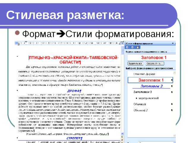 Стилевая разметка: Формат  Стили форматирования: Создать свои или изменить имеющиеся стили, Применить стили для документа. 