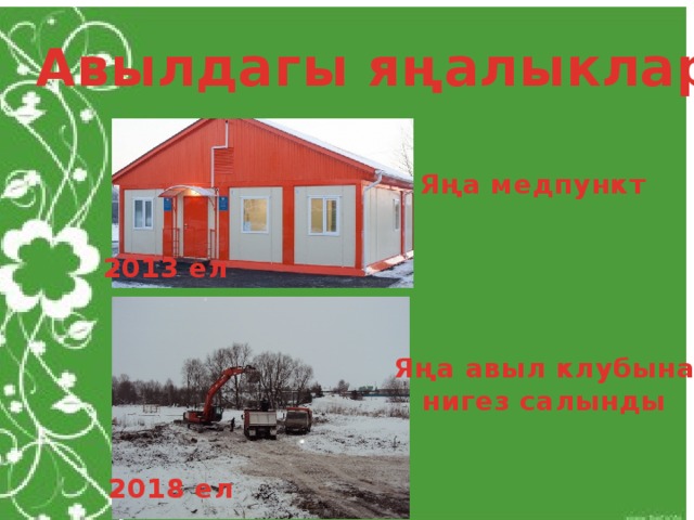 Авылдагы яңалыклар Яңа медпункт 2013 ел Яңа авыл клубына нигез салынды 2018 ел 