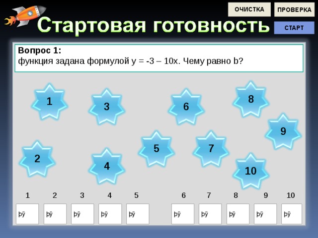 Вопрос 2 : функция задана формулой у = 2 – 7х. Чему равно k ? Вопрос 3 : найдите значение х в уравнении 5х – 3у – 11 = 0 при у = 3 Вопрос 4 : найдите значение х в уравнении 4х + 7у – 12 = 0 при у = -4 Вопрос 5 : найдите значение у в уравнении 5х – 7у - 14 = 0 при х = 0 Вопрос 6 : найдите значение у в уравнении 3х + 2у – 6 = 0 при х = 0 Вопрос 7 : найдите значение выражения 7у – 5х – 3 при х = 2, у = -1 Вопрос 8 : найдите значение выражения 5х + 2у – 12 при х = -1, у = 2 Вопрос 9 : найдите значение выражения 5у – 8 при у = -2 Вопрос 1 0 : найдите значение выражения 10 – 3х при х = -3 Вопрос 1: функция задана формулой у = -3 – 10х. Чему равно b ? 8 1 6 3 9 5 7 2 4 10 1 2 3 4 5 6 7 8 9 10