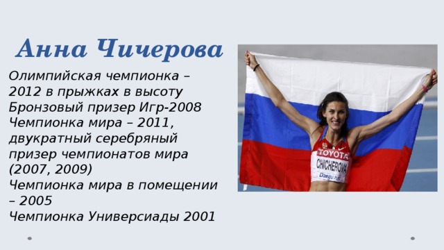 Анна Чичерова Олимпийская чемпионка – 2012 в прыжках в высоту  Бронзовый призер Игр-2008  Чемпионка мира – 2011, двукратный серебряный призер чемпионатов мира (2007, 2009)  Чемпионка мира в помещении – 2005  Чемпионка Универсиады 2001 