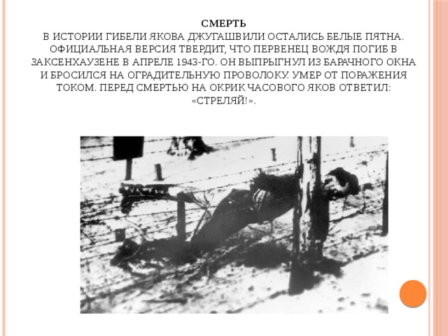 Смерть  В истории гибели Якова Джугашвили остались белые пятна. Официальная версия твердит, что первенец вождя погиб в Заксенхаузене в апреле 1943-го. Он выпрыгнул из барачного окна и бросился на оградительную проволоку. Умер от поражения током. Перед смертью на окрик часового Яков ответил: «Стреляй!».   