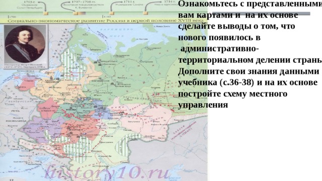 Ознакомьтесь с представленными вам картами и на их основе сделайте выводы о том, что нового появилось в  административно- территориальном делении страны. Дополните свои знания данными учебника (с.36-38) и на их основе постройте схему местного управления 10 