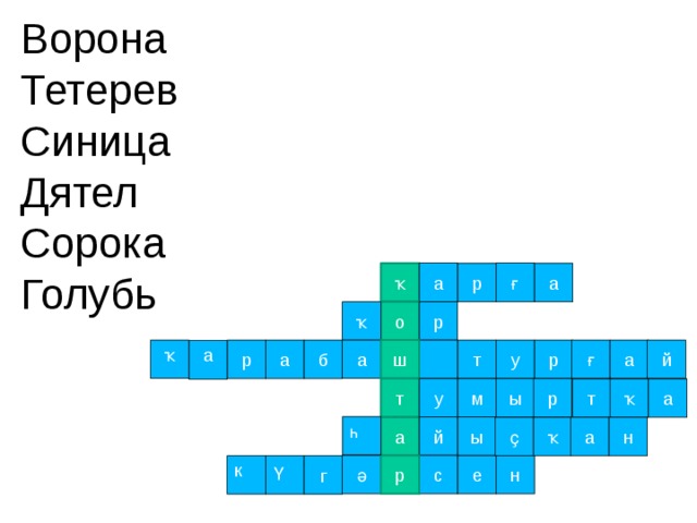 Ворона  Тетерев  Синица  Дятел  Сорока  Голубь а ғ ҡ р а о ҡ р у а ш й т а ғ р ҡ р б а а р м у ы т т ҡ а һ ы й а а ҡ н ҫ с р н е ә ү к г 