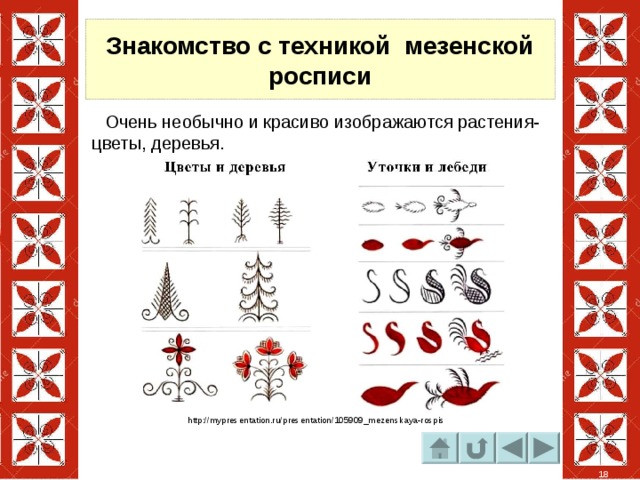 Знакомство с техникой мезенской росписи  Очень необычно и красиво изображаются растения- цветы, деревья. http://mypresentation.ru/presentation/105909_mezenskaya-rospis 18 