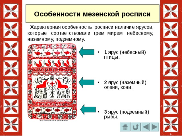 Особенности мезенской росписи  Х арактерная особенность росписи наличие ярусов, которые соответствовали трем мирам небесному, наземному, подземному. 1 ярус (небесный) птицы.  2 ярус (наземный) олени, кони.  3 ярус (подземный) рыбы. http://meb-fx.ru/rospisi-narodov/ 9 