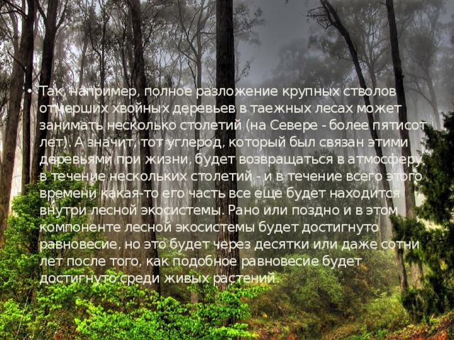 Так, например, полное разложение крупных стволов отмерших хвойных деревьев в таежных лесах может занимать несколько столетий (на Севере - более пятисот лет). А значит, тот углерод, который был связан этими деревьями при жизни, будет возвращаться в атмосферу в течение нескольких столетий - и в течение всего этого времени какая-то его часть все еще будет находится внутри лесной экосистемы. Рано или поздно и в этом компоненте лесной экосистемы будет достигнуто равновесие, но это будет через десятки или даже сотни лет после того, как подобное равновесие будет достигнуто среди живых растений. 