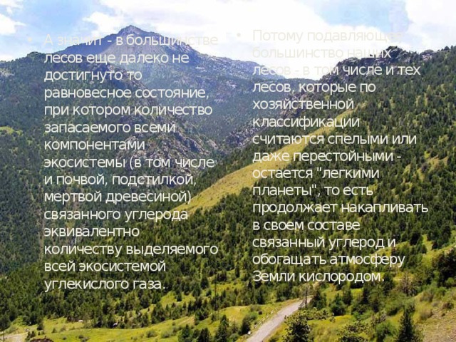 А значит - в большинстве лесов еще далеко не достигнуто то равновесное состояние, при котором количество запасаемого всеми компонентами экосистемы (в том числе и почвой, подстилкой, мертвой древесиной) связанного углерода эквивалентно количеству выделяемого всей экосистемой углекислого газа. Потому подавляющее большинство наших лесов - в том числе и тех лесов, которые по хозяйственной классификации считаются спелыми или даже перестойными - остается 