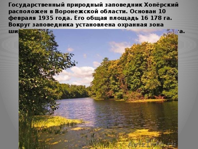 Государственный природный заповедник Хопёрский расположен в Воронежской области. Основан 10 февраля 1935 года. Его общая площадь 16 178 га. Вокруг заповедника установлена охранная зона шириной от 0,5 до 4 км общей площадью 29,8 тыс. га. 