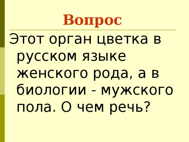 Вопрос Этот орган цветка в русском языке женского рода, а в биологии - мужского пола. О чем речь? 