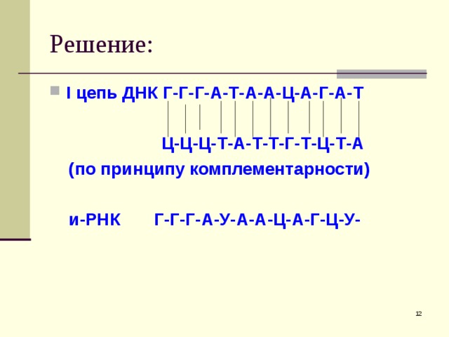 Решение: I цепь ДНК Г-Г-Г-А-Т-А-А-Ц-А-Г-А-Т   Ц-Ц-Ц-Т-А-Т-Т-Г-Т-Ц-Т-А  (по принципу комплементарности)   и-РНК Г-Г-Г-А-У-А-А-Ц-А-Г-Ц-У-  