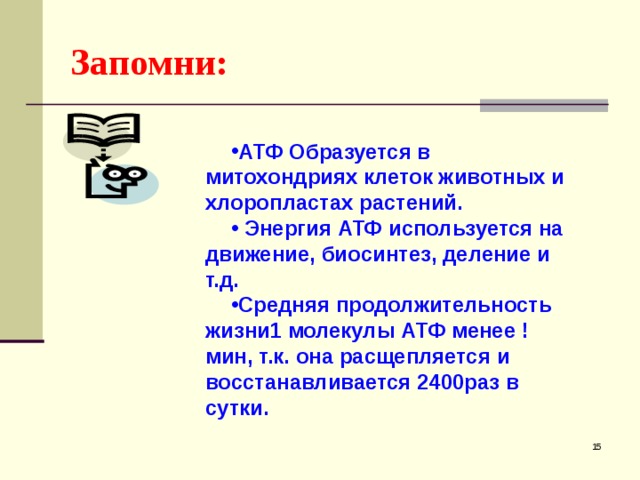 Запомни: АТФ Образуется в митохондриях клеток животных и хлоропластах растений.  Энергия АТФ используется на движение, биосинтез, деление и т.д. Средняя продолжительность жизни1 молекулы АТФ менее !мин, т.к. она расщепляется и восстанавливается 2400раз в сутки.    