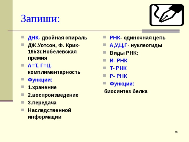 Запиши: ДНК -  двойная спираль ДЖ.Уотсон, Ф. Крик-1953г.Нобелевская премия А=Т, Г=Ц-  комплиментарность Функции:  1.хранение 2.воспроизведение 3.передача Наследственной информации  РНК - одиночная цепь А,У,Ц,Г -  нуклеотиды Виды РНК: И- РНК Т- РНК Р- РНК Функции:  биосинтез белка  
