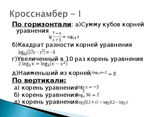 По горизонтали : а)Сумму кубов корней уравнения б)Квадрат разности корней уравнения г)Увеличенный в 10 раз корень уравнения д)Наименьший из корней По вертикали:  а) корень уравнения  б) корень уравнения  д) корень уравнения 