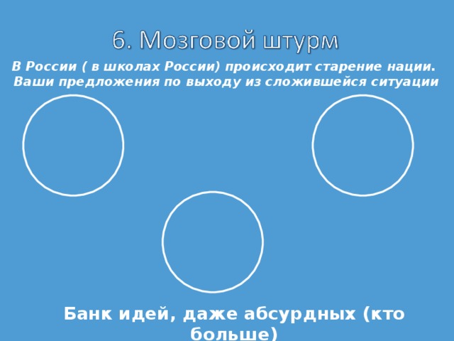 В России ( в школах России) происходит старение нации.  Ваши предложения по выходу из сложившейся ситуации Банк идей, даже абсурдных (кто больше) 