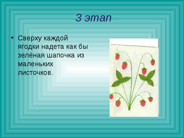  3 этап Сверху каждой ягодки надета как бы зелёная шапочка из маленьких листочков.  